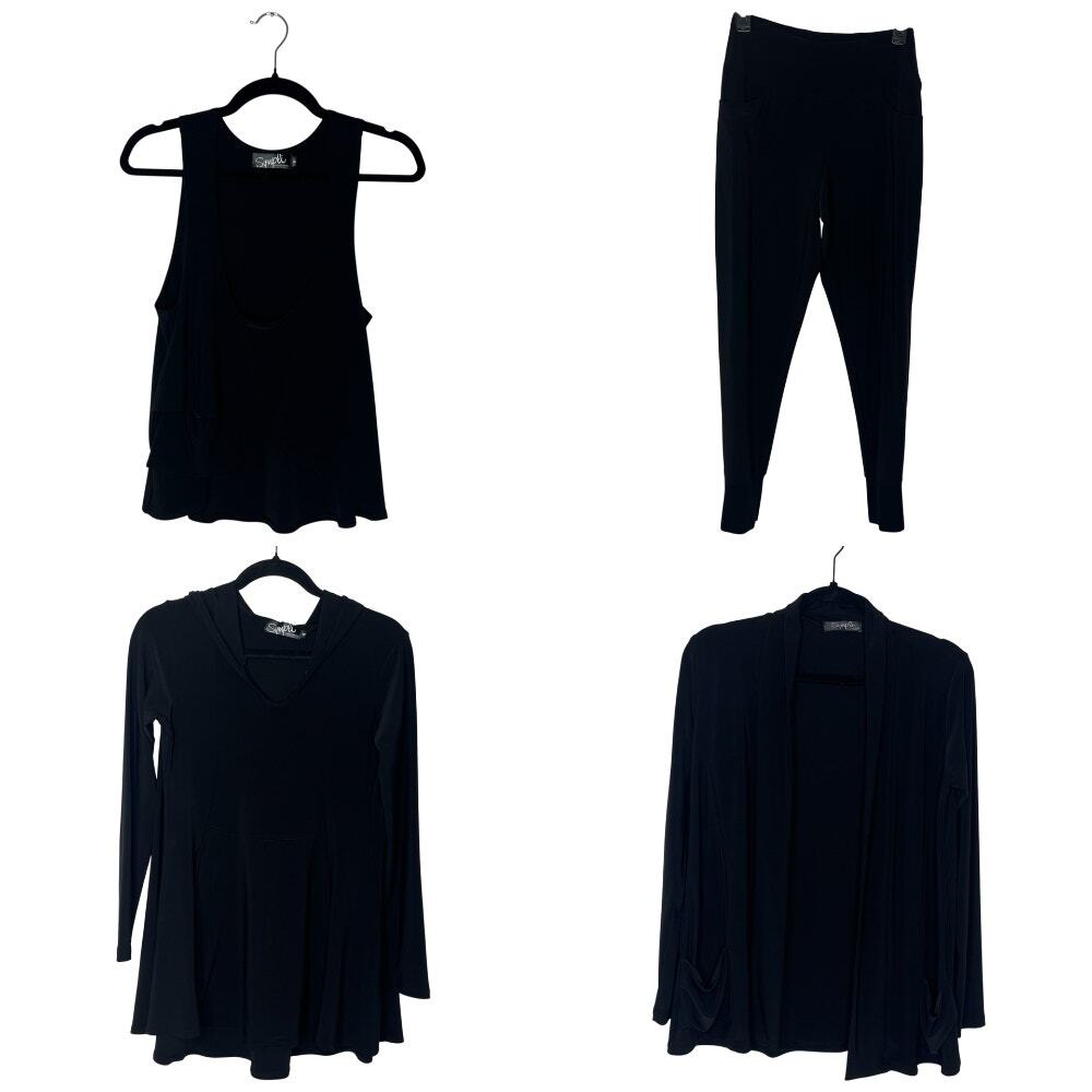 Sympli Size 6 4 Piece Capsule Tops Pants Black Made in Canada Travel